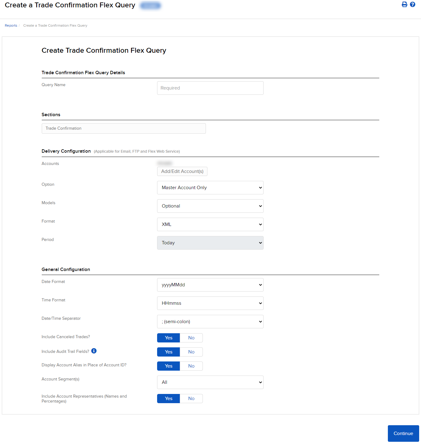 Image of the create a trade confirmation flex query panel in portal. 